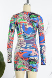Colour Sexy Print Patchwork O Neck Pencil Skirt Dresses