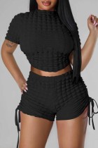 Black Casual Solid Bandage Backless O Neck Short Sleeve Two Pieces