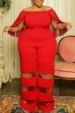 Rose Red Street Solid Patchwork Off the Shoulder Plus Size Jumpsuits
