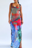 Red Sexy Print Patchwork Slit U Neck One Step Skirt Dresses