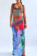 Red Sexy Print Patchwork Slit U Neck One Step Skirt Dresses