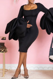 Black Elegant Solid Patchwork U Neck Evening Dress Dresses