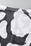 Black And White Sexy Print Patchwork See-through O Neck Long Sleeve Two Pieces