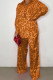 Tangerine Red Casual Street Print Leopard Patchwork Buckle Turndown Collar Long Sleeve Two Pieces