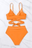 Red Sexy Solid Bandage Backless Swimwears (With Paddings)