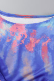 Blue Sexy Print Hollowed Out Patchwork See-through Backless O Neck Pencil Skirt Dresses
