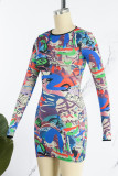 Colour Sexy Print Patchwork O Neck Pencil Skirt Dresses
