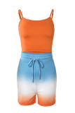 Blue Casual Print Patchwork Spaghetti Strap Sleeveless Three Pieces
