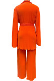 Orange Casual Solid Bandage Patchwork Fold Turndown Collar Long Sleeve Two Pieces