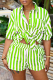 Fluorescent Green Casual Striped Patchwork Turndown Collar Short Sleeve Two Pieces
