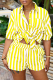 Yellow Casual Striped Patchwork Turndown Collar Short Sleeve Two Pieces