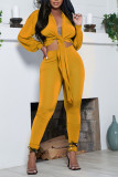 Yellow Casual Solid Bandage Patchwork V Neck Long Sleeve Two Pieces