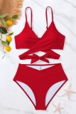 Red Sexy Solid Bandage Backless Swimwears (With Paddings)