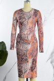 Snake Print Casual Print Hollowed Out O Neck Long Sleeve Dresses