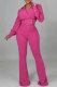 Rose Red Casual Solid Patchwork V Neck Long Sleeve Two Pieces
