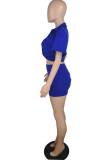 Blue Sexy Solid Patchwork Turndown Collar Short Sleeve Two Pieces