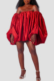 Red Sexy Solid Patchwork Off the Shoulder Lantern Skirt Dresses(Subject to the Actual Object)