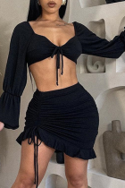 Black Sexy Solid Draw String V Neck Long Sleeve Two Pieces