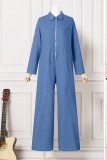 Blue Casual Solid Patchwork Without Belt Turndown Collar Long Sleeve Straight Denim Jumpsuits(Without Belt）
