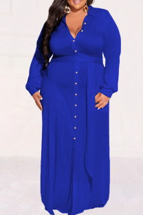 Blue Casual Street Solid Patchwork Buckle Turndown Collar Shirt Dress Plus Size Dresses
