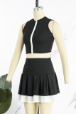 Green Casual Sportswear Solid Patchwork Contrast Zipper Collar Sleeveless Two Pieces