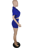 Blue Sexy Solid Patchwork Turndown Collar Short Sleeve Two Pieces