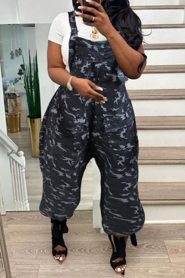 Black Casual Camouflage Print Patchwork Spaghetti Strap Regular Jumpsuits (Without T-shirt)