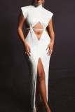 White Sexy Solid Hollowed Out Slit Turtleneck Long Dress Dresses