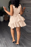 Watermelon Red Casual Sweet Solid Patchwork Flounce With Belt Asymmetrical V Neck A Line Dresses