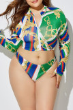 Blue Green Rose Red Sexy Print Patchwork Zipper Collar Plus Size Swimwear(With A Turban)