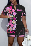Rose Red Street Print Patchwork Buckle Mandarin Collar Straight Dresses