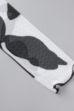 Black And White Sexy Print Patchwork See-through O Neck Long Sleeve Two Pieces