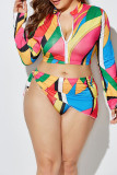 Rose Red Blue Sexy Print Patchwork Zipper Collar Plus Size Swimwear(With A Turban)