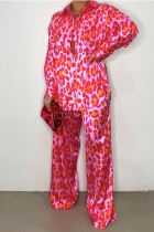 Red Casual Street Print Leopard Patchwork Buckle Turndown Collar Long Sleeve Two Pieces