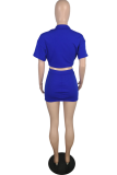 Blue Sexy Solid Patchwork Turndown Collar Short Sleeve Two Pieces