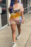 Pink Casual Letter Print Tie-dye O Neck Short Sleeve Two Pieces