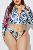 Turquoise Sexy Print Patchwork Zipper Collar Plus Size Swimwear(With A Turban)
