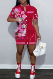 Rose Red Street Print Patchwork Buckle Mandarin Collar Straight Dresses
