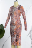 Snake Print Casual Print Hollowed Out O Neck Long Sleeve Dresses