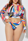 Blue Green Rose Red Sexy Print Patchwork Zipper Collar Plus Size Swimwear(With A Turban)