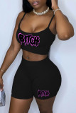 Rose Red Sexy Casual Print Backless Spaghetti Strap Sleeveless Two Pieces