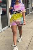 Pink Casual Letter Print Tie-dye O Neck Short Sleeve Two Pieces