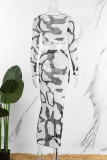 Black And White Sexy Print Patchwork See-through O Neck Long Sleeve Two Pieces