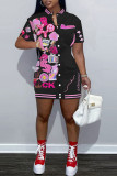 Rose Red Street Print Patchwork Buckle Mandarin Collar Straight Dresses