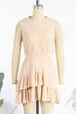 Watermelon Red Casual Sweet Solid Patchwork Flounce With Belt Asymmetrical V Neck A Line Dresses