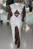 White Sexy Solid Hollowed Out Slit Turtleneck Long Dress Dresses