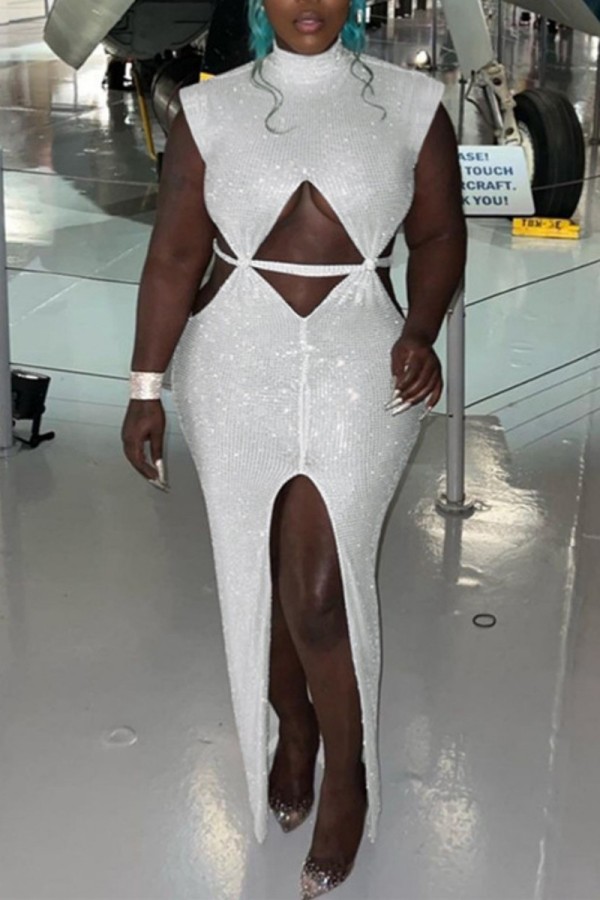 White Sexy Solid Hollowed Out Slit Turtleneck Long Dress Dresses