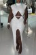 White Sexy Solid Hollowed Out Slit Turtleneck Long Dress Dresses
