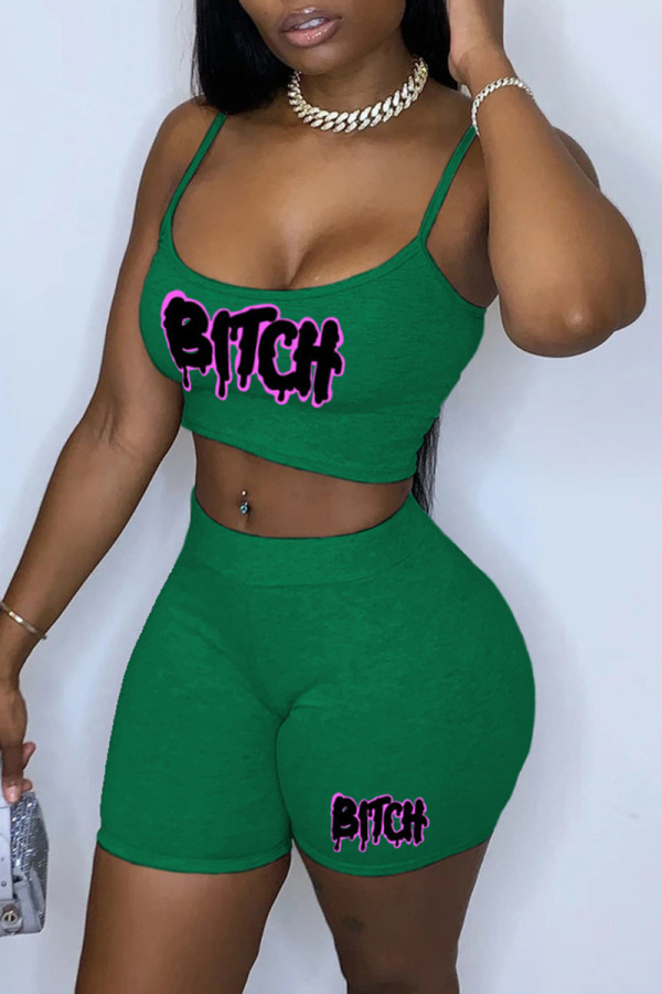 Green Sexy Casual Print Backless Spaghetti Strap Sleeveless Two Pieces