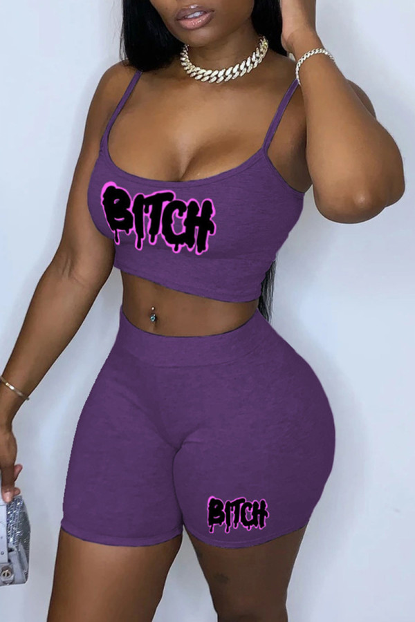 Light Purple Sexy Casual Print Backless Spaghetti Strap Sleeveless Two Pieces